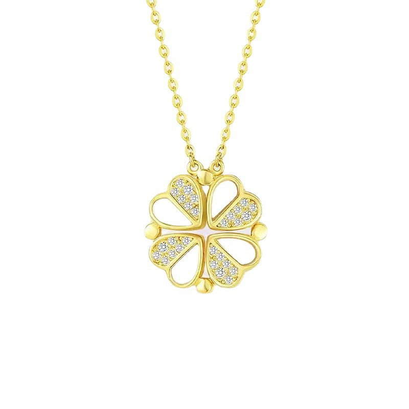 S925 Sterling Silver 2-in-1 Magnetic Convertible Clover to Hearts Pendant Necklace(gold)