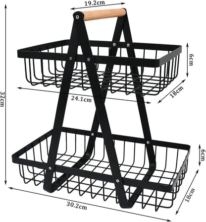CARLA HOME 2-Tier Fruit Basket Stand for Kitchen Countertop for Fruits, Vegetables, Bread & Snacks with Wooden Handle