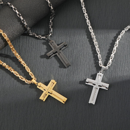 Men's Stainless Steel Layered Cross Pendant with Byzantine Chain - Fashion Statement Necklace(silver)