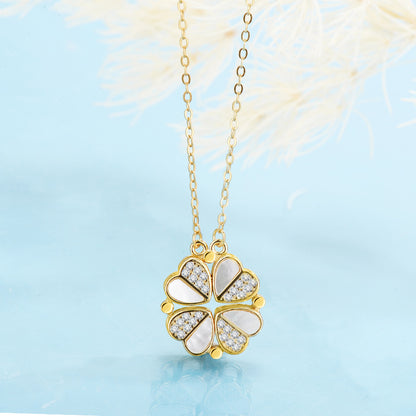 S925 Sterling Silver 2-in-1 Magnetic Convertible Clover to Hearts Pendant Necklace(gold)