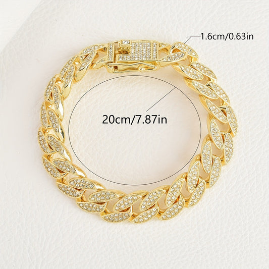 Gold 16mm Iced Out Cuban Link Bracelet - Heavy Paved Rhinestone Hip Hop Chain for Men