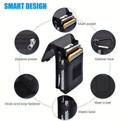Black Heavy-Duty Tactical Phone Pouch - Multi-Pocket Belt Holster & Utility Waist Bag for Outdoor Work and EDC